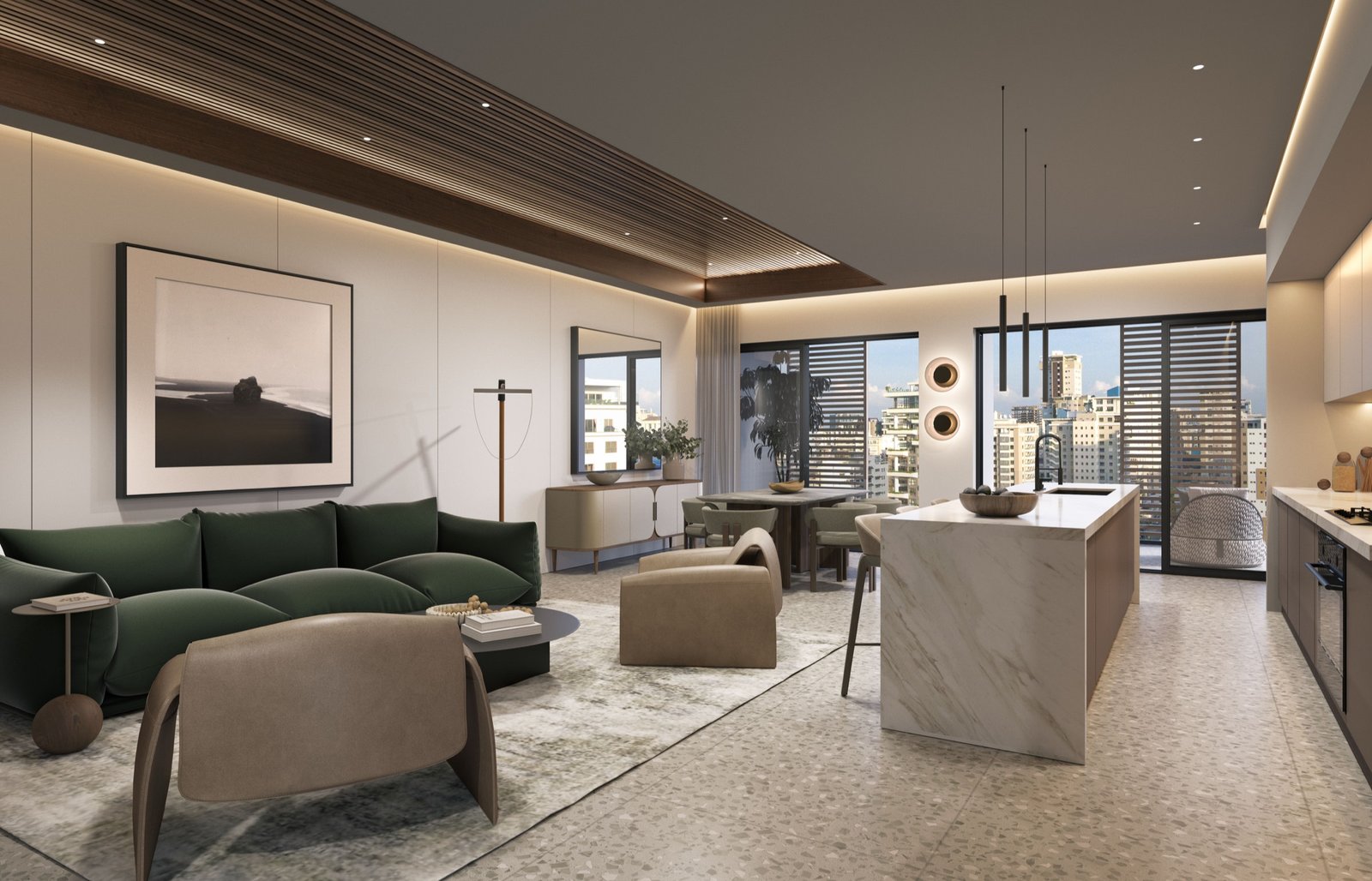 Sala, comedor y cocina, apartamento tipo A y B